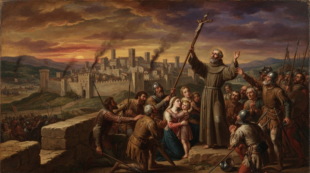 San Juan de Capistrano, anciano, levanta en alto una cruz de madera sobre una muralla para animar a un grupo de defensores exhaustos durante el sitio de Belgrado, en estilo de pintura italiana del primer Renacimiento
