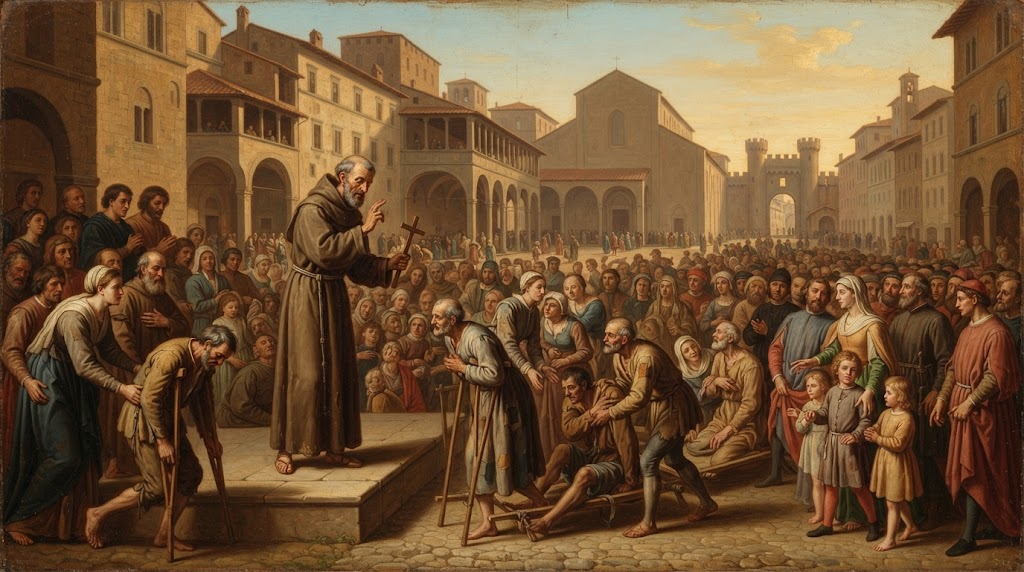 San Juan de Capistrano, anciano y delgado, bendice con la señal de la cruz a una larga fila de enfermos y personas con muletas ante una multitud reunida en una plaza, en estilo de pintura italiana del primer Renacimiento