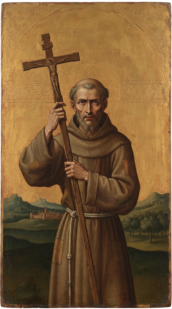 San Juan de Capistrano, fraile franciscano anciano y delgado, sosteniendo en alto una cruz de madera con expresión resuelta, en estilo de pintura italiana del primer Renacimiento