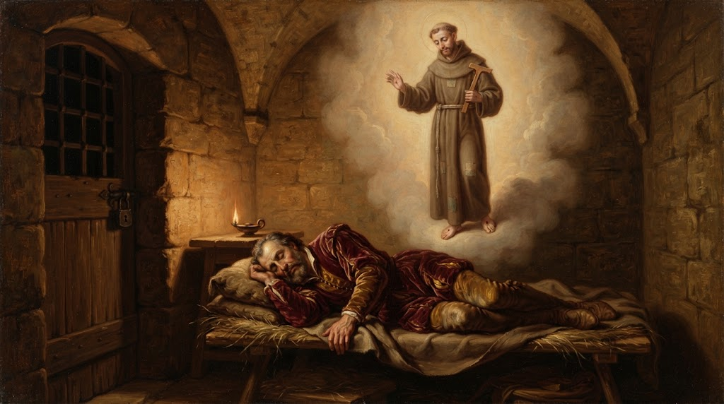 Un noble italiano duerme en una celda mientras una visión luminosa de San Francisco de Asís se le aparece, en estilo de pintura italiana del primer Renacimiento
