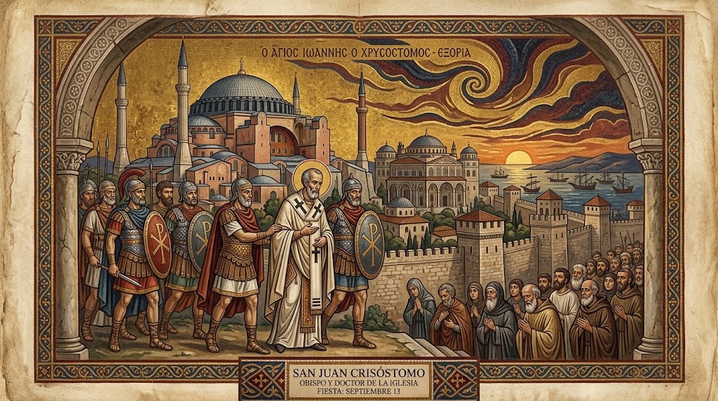 San Juan Crisóstomo escoltado por soldados romanos hacia su destierro, con Constantinopla al fondo, mosaico bizantino
