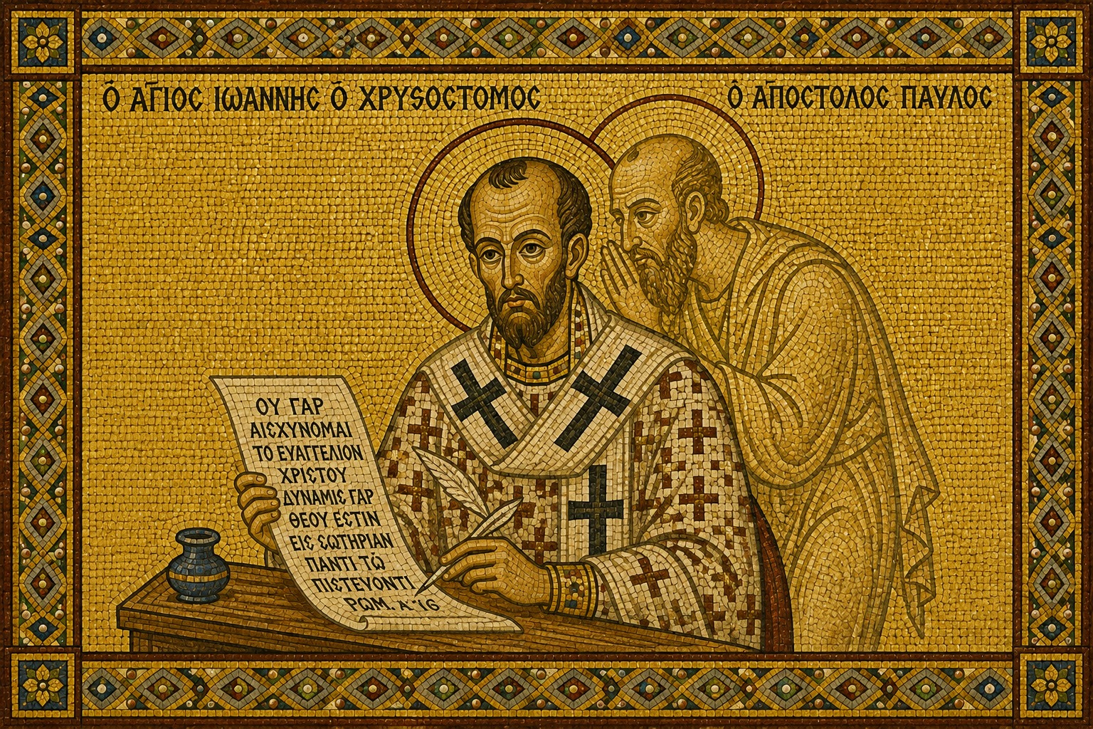 San Juan Crisóstomo escribiendo mientras el apóstol Pablo le susurra al oído, mosaico bizantino