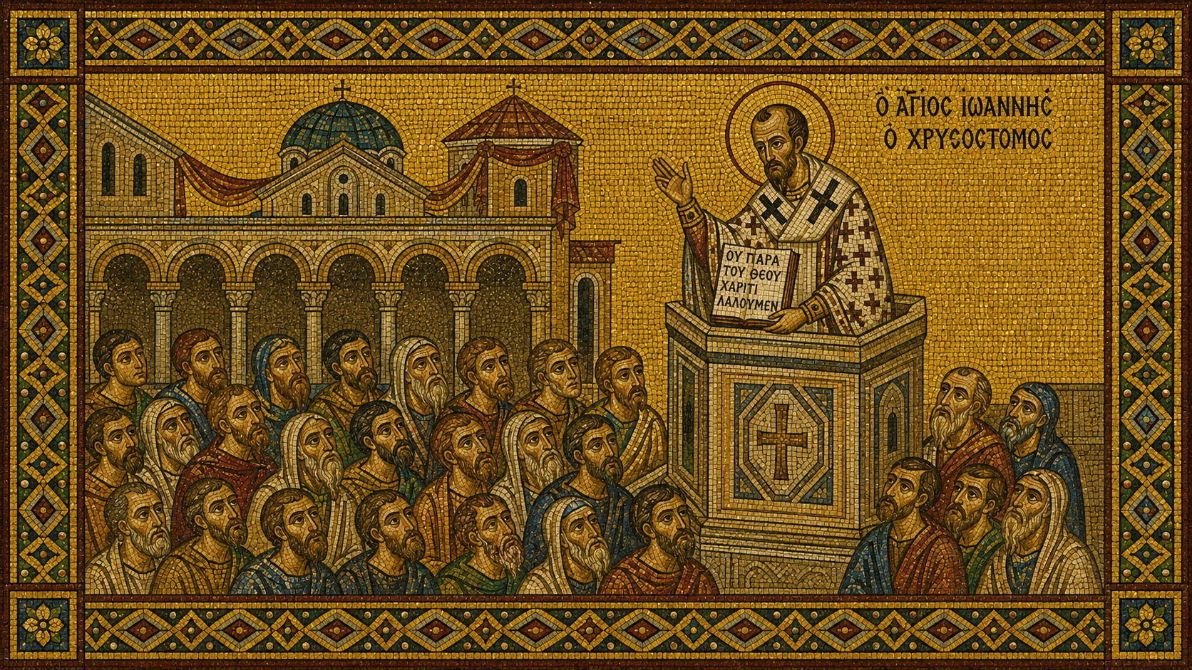 San Juan Crisóstomo predicando desde un púlpito de mármol a una multitud, mosaico bizantino dorado