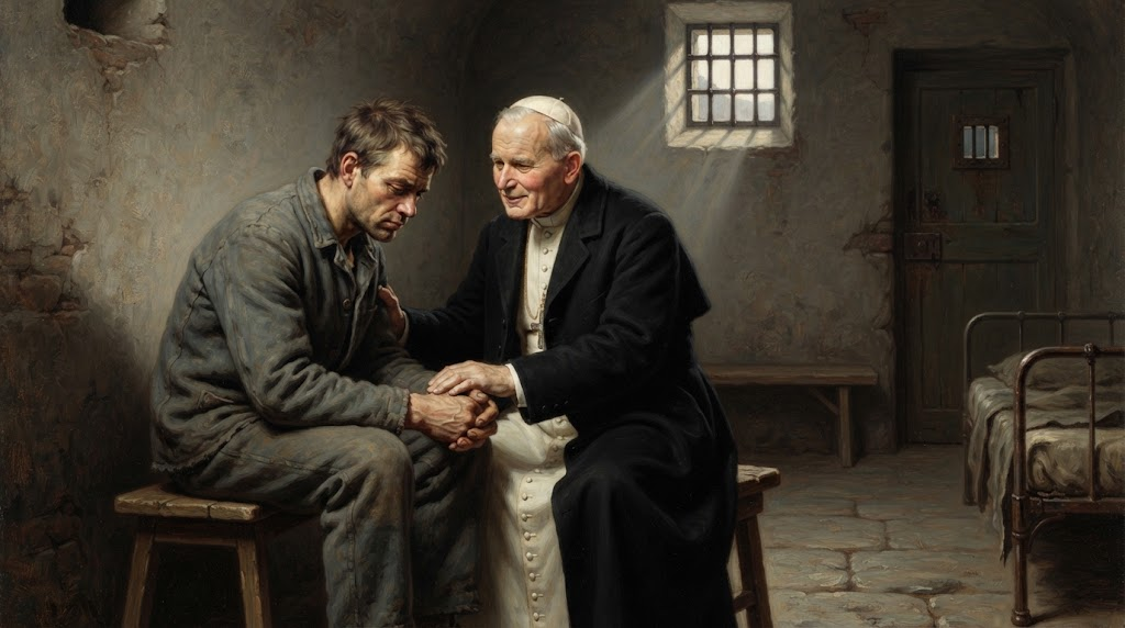 San Juan Pablo II, vestido de negro sobre su sotana blanca, toma de las manos a un preso en una celda iluminada por una ventana enrejada, en estilo de pintura académica realista devocional