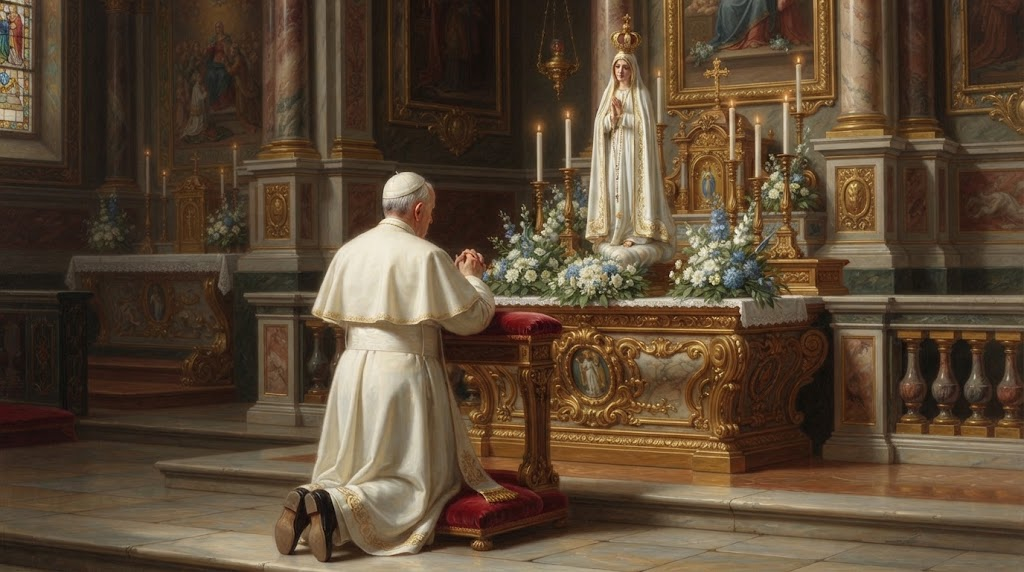 San Juan Pablo II, de rodillas, reza ante una imagen de la Virgen de Fátima rodeada de flores y velas en un altar, en estilo de pintura académica realista devocional