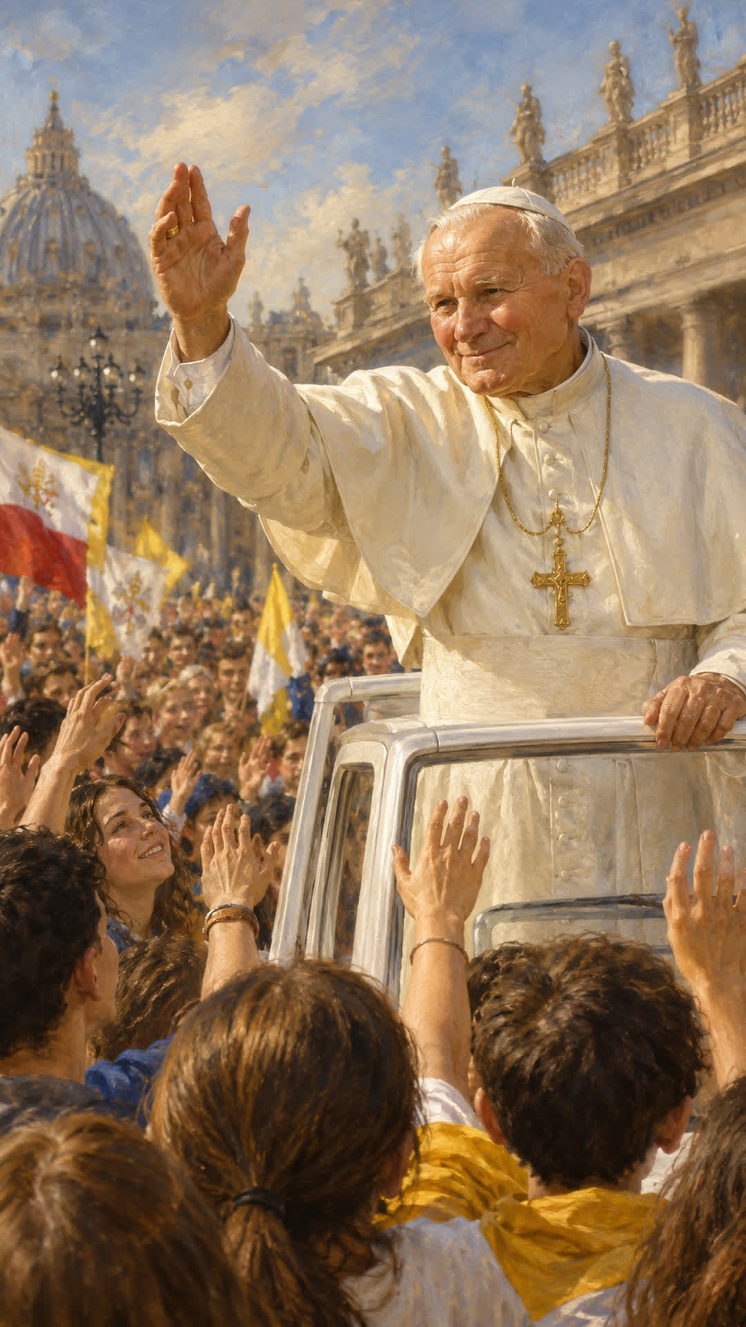 San Juan Pablo II saludando con el brazo en alto desde el papamóvil a una multitud de jóvenes en la Plaza de San Pedro, en estilo de pintura académica realista devocional