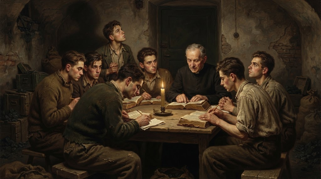 Un joven seminarista estudia junto a un grupo de compañeros por luz de vela en un sótano, mientras un sacerdote mayor enseña en silencio, en estilo de pintura académica realista devocional