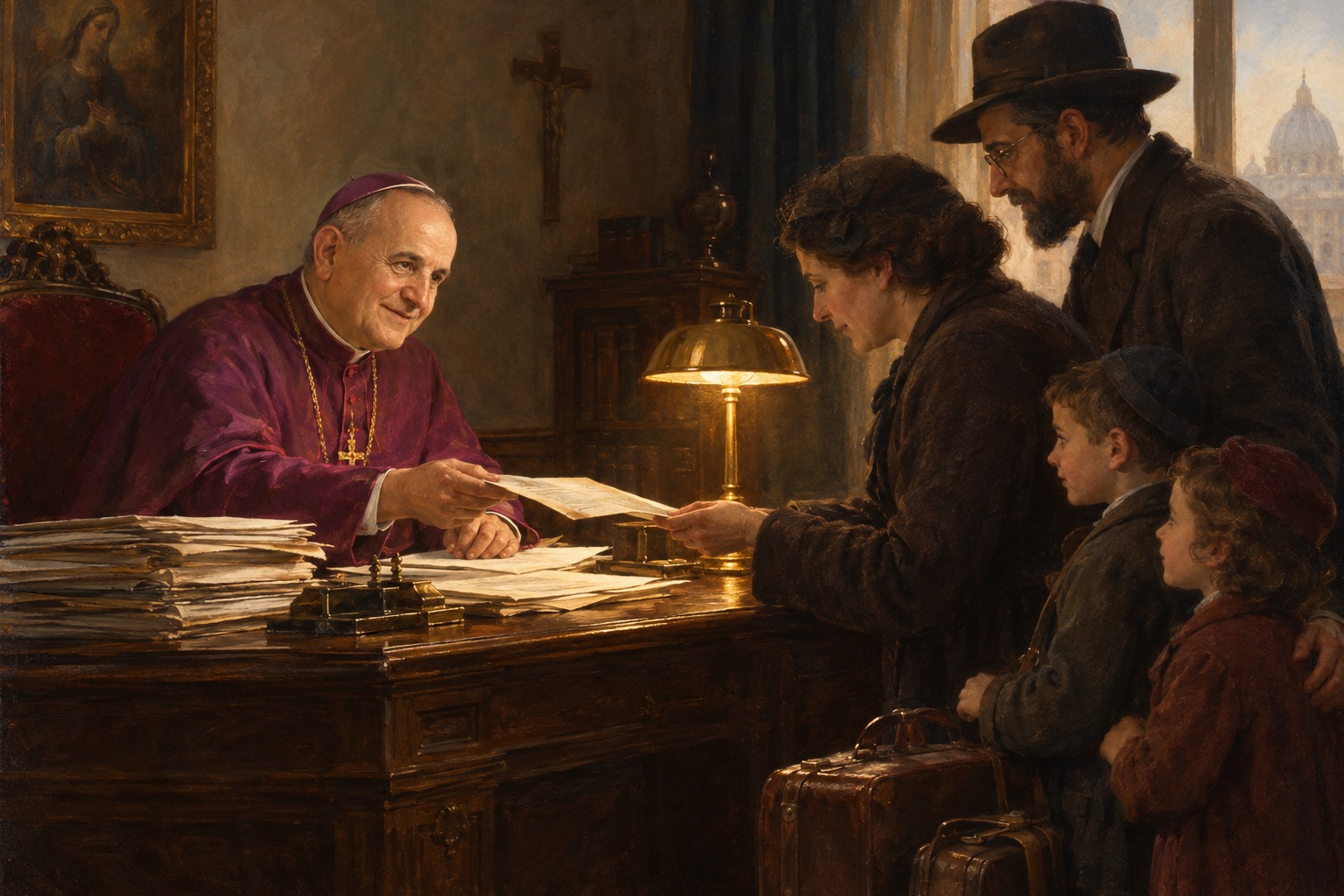 Un clérigo católico entrega documentos de tránsito a una familia necesitada en un despacho diplomático, en estilo de pintura académica del siglo XX