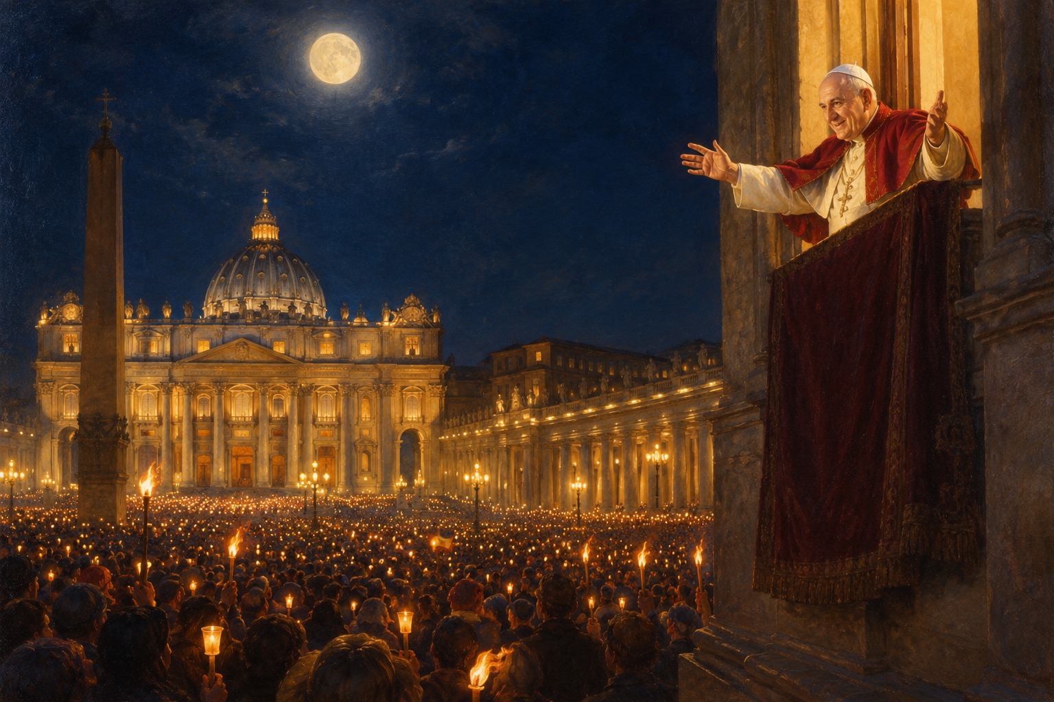 Un pontífice se asoma a una ventana del Palacio Apostólico bajo una luna llena, saludando a una multitud con velas en la Plaza de San Pedro, en estilo de pintura académica del siglo XX