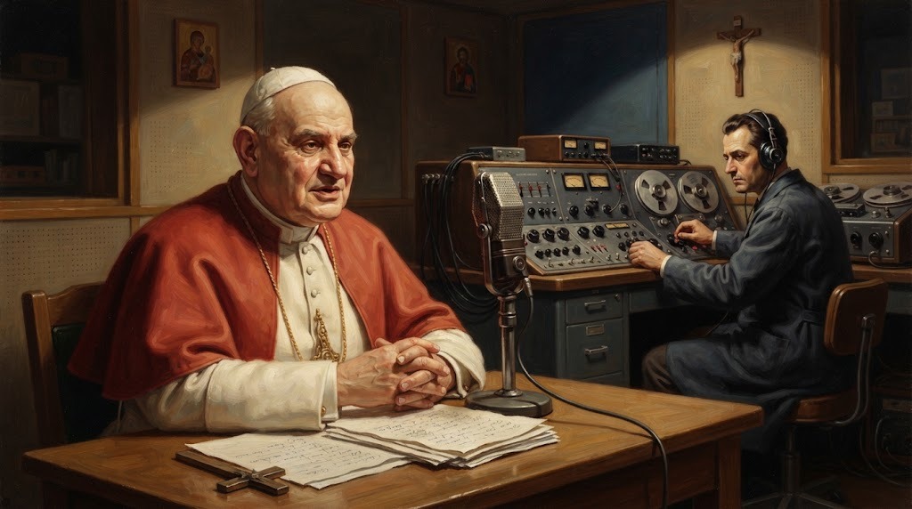 Un pontífice habla ante un micrófono en un estudio de radio de los años 60, con un técnico atendiendo los controles, en estilo de pintura académica del siglo XX