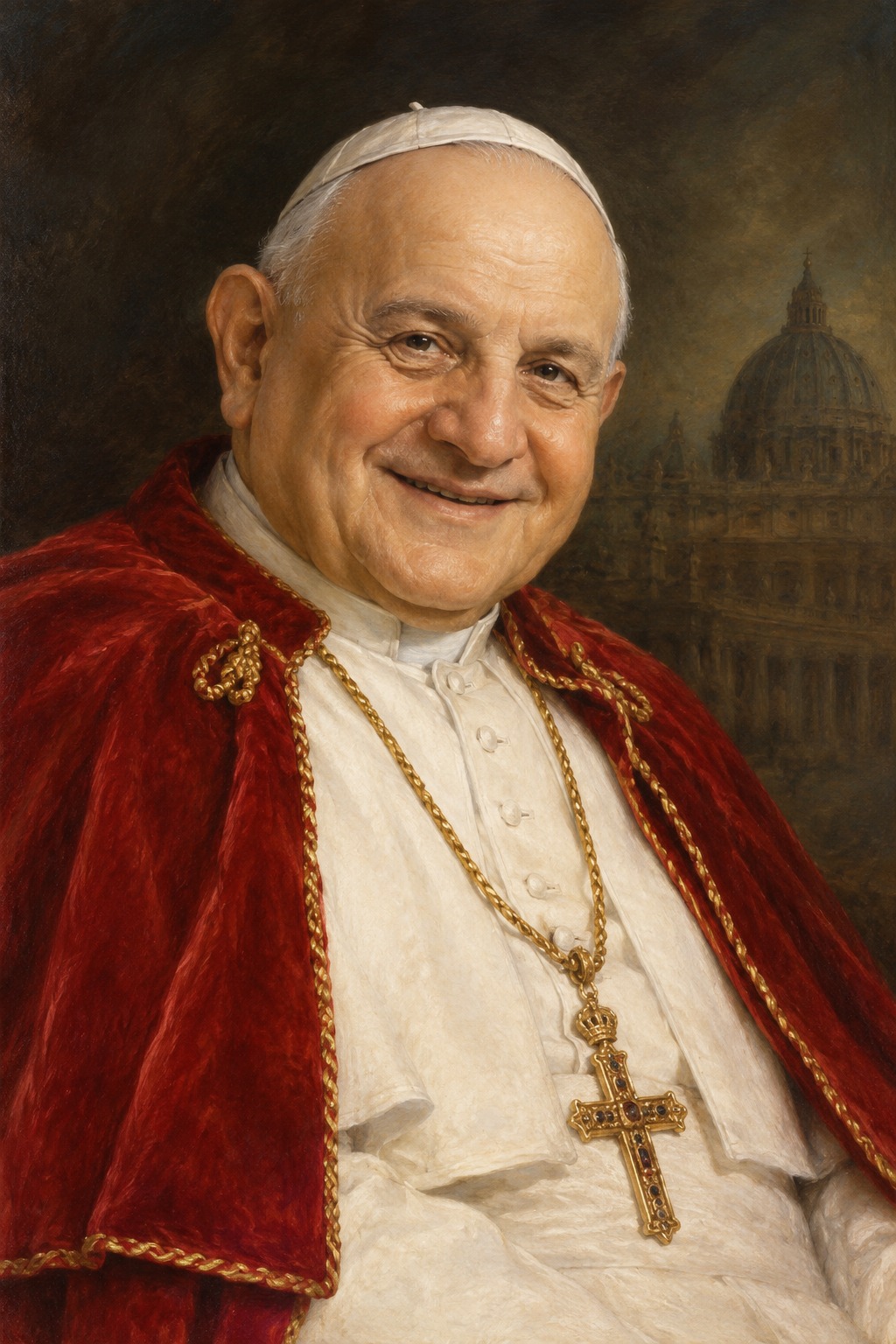 San Juan XXIII, sonriente, con vestiduras papales blancas y muceta roja, ante la Basílica de San Pedro, en estilo de pintura académica del siglo XX
