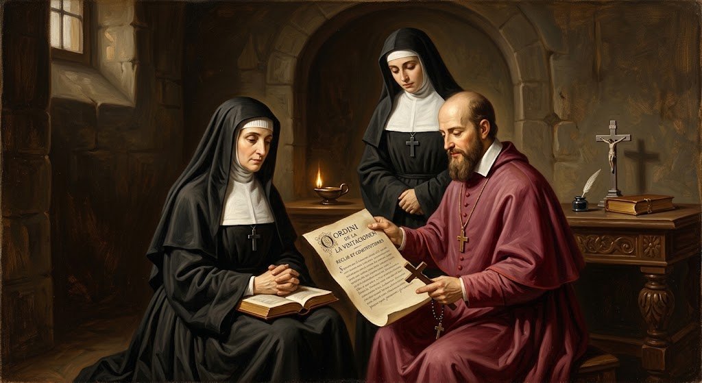San Francisco de Sales muestra la regla de la Visitación a Juana Francisca de Chantal, junto a una hermana, en el momento de la fundación de la orden