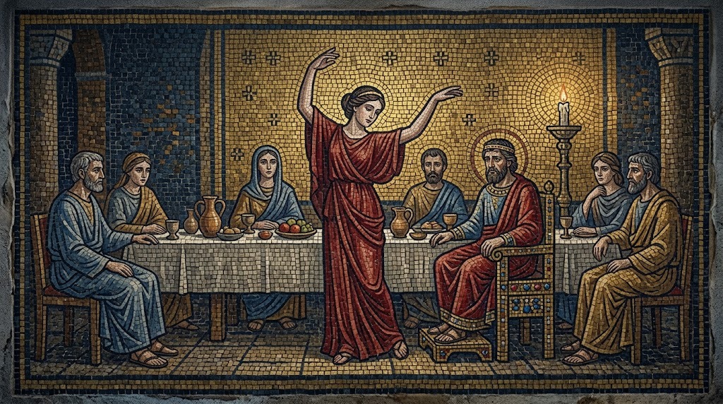 Escena de un banquete real bizantino donde una joven baila con los brazos alzados ante los comensales mientras Herodes, sentado en su trono, la observa con expresión inquieta, representado al estilo de un mosaico bizantino dorado