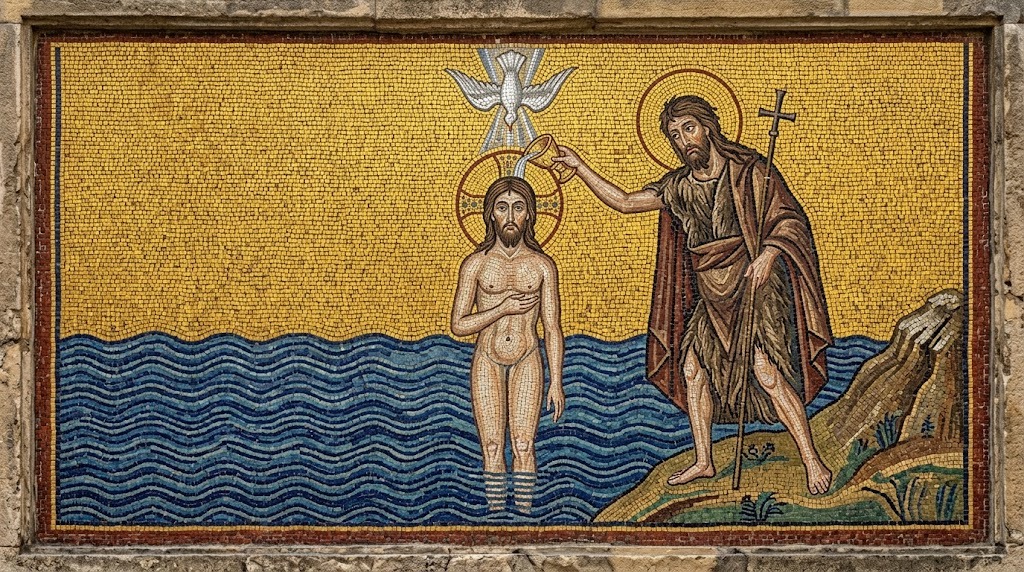 San Juan Bautista derramando agua sobre la cabeza de Jesús en el río Jordán, con una paloma blanca descendiendo desde lo alto, representado al estilo de un mosaico bizantino dorado
