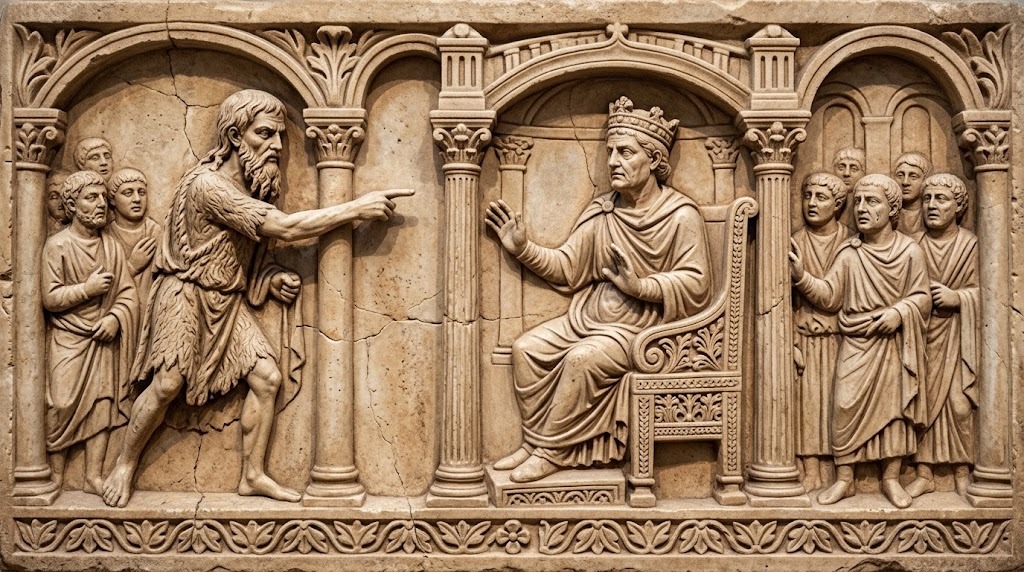 San Juan Bautista, vestido con piel áspera, señala con el dedo y denuncia a Herodes sentado en su trono, representado al estilo de un relieve de sarcófago paleocristiano en piedra