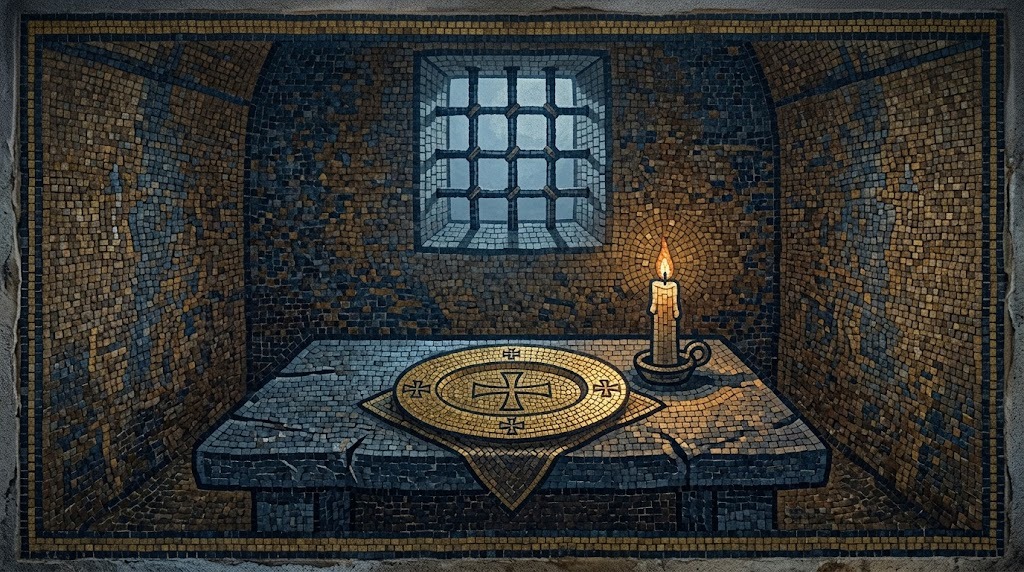 Una celda de prisión en penumbra con una vela encendida junto a una mesa vacía, representada de forma simbólica sin figuras humanas, al estilo de un mosaico bizantino