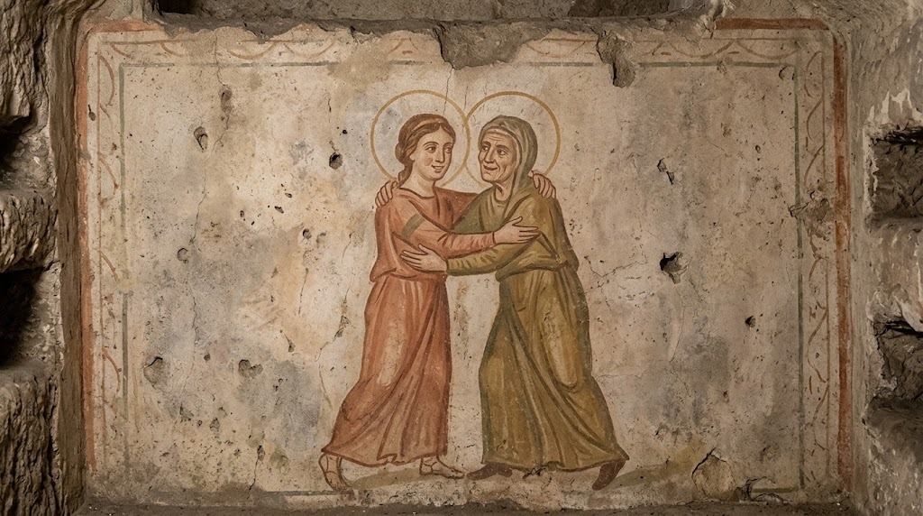 Santa Isabel, ya anciana, y la Virgen María se abrazan con alegría en el momento de la Visitación, representadas al estilo de un fresco de catacumba paleocristiana
