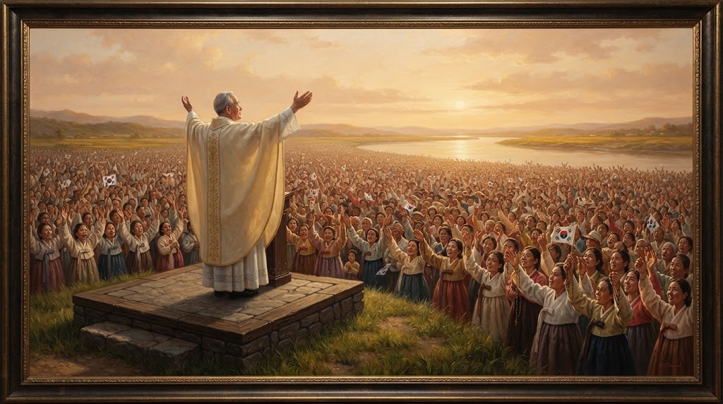 Multitud coreana con banderas ondeando al atardecer junto a un río, celebrando una canonización, pintura devocional