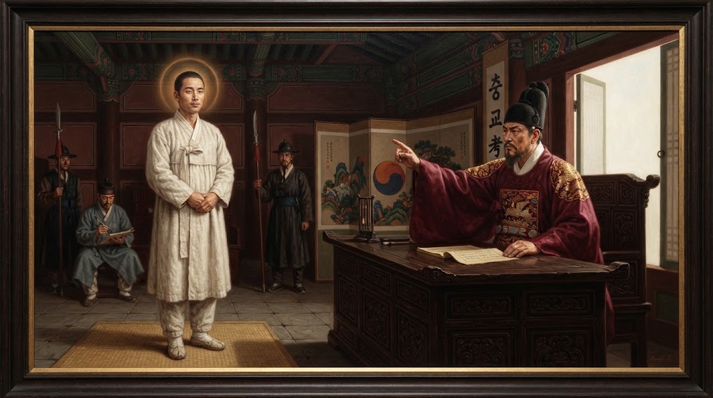 Un laico coreano de pie con serenidad ante un magistrado de la dinastía Joseon, pintura devocional