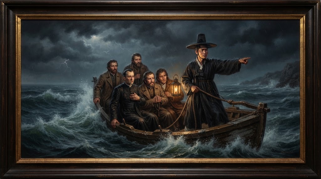 Un joven coreano guiando una pequeña barca con misioneros europeos a través de un mar tormentoso de noche, pintura devocional