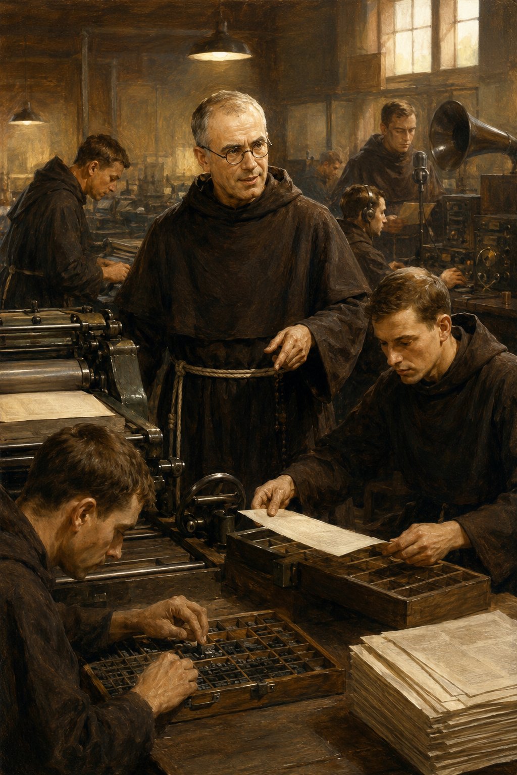 El padre Kolbe supervisa el trabajo de otros frailes en la imprenta y la estación de radio de Niepokalanów