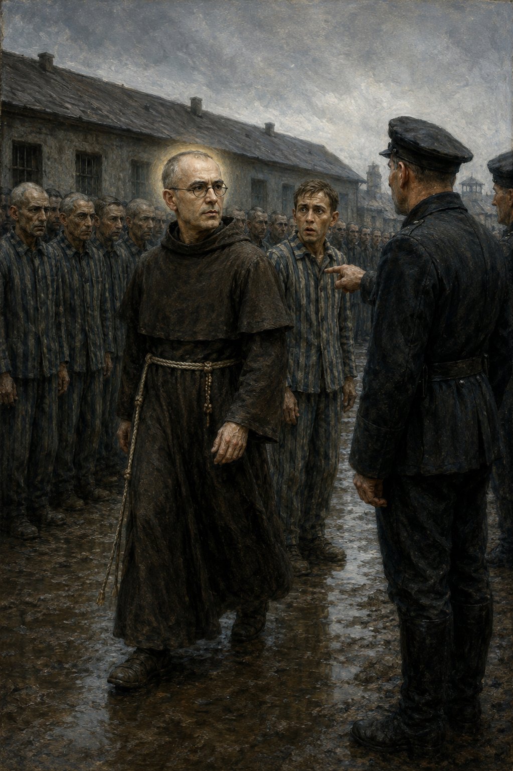 El padre Kolbe da un paso al frente para ofrecerse a morir en lugar de otro prisionero ante los guardias del campo