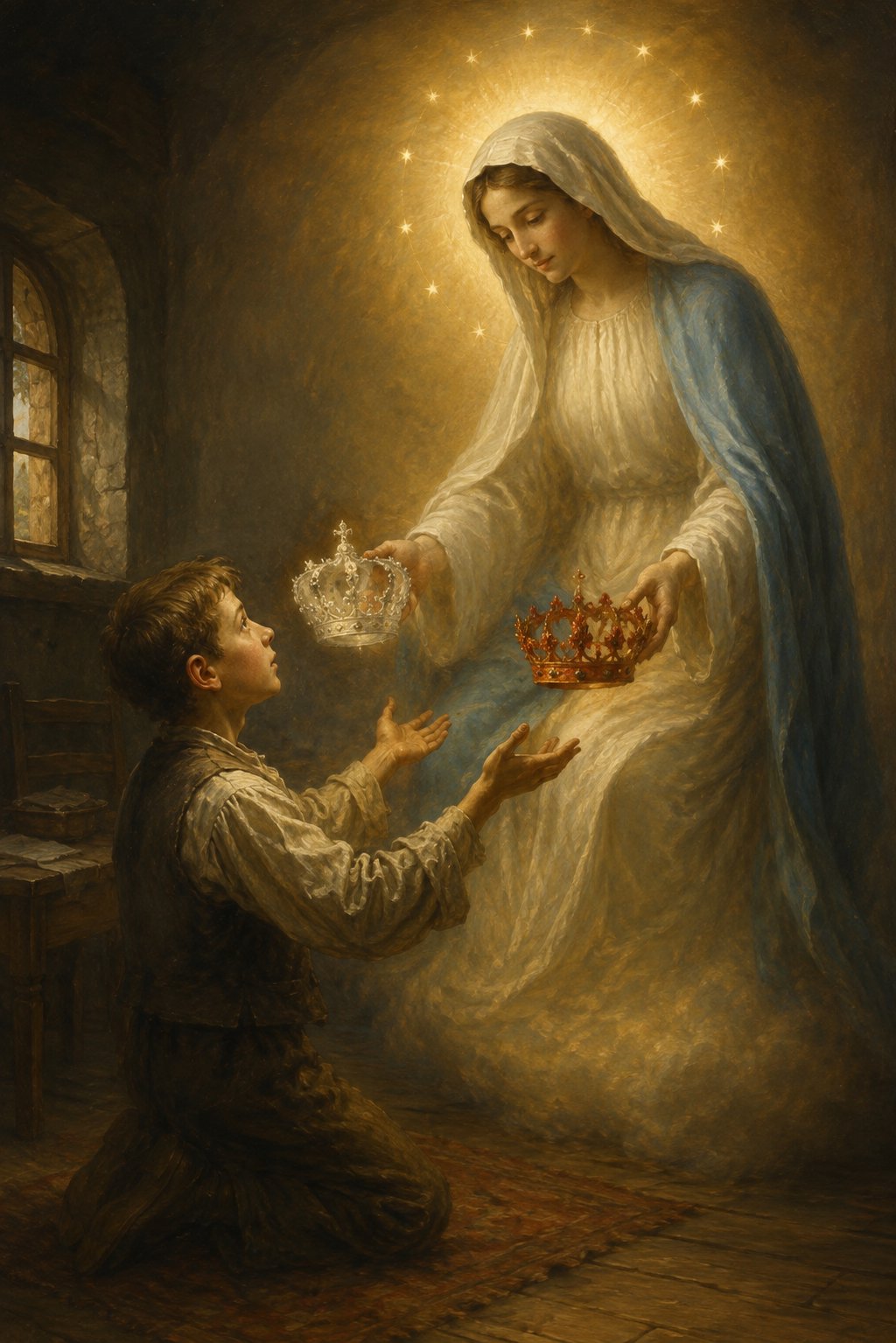 La Virgen se aparece al niño Raimundo Kolbe ofreciéndole dos coronas, una blanca y una roja
