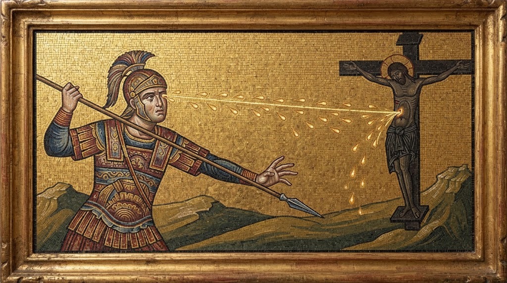 Un soldado romano recibe en el rostro las gotas de sangre y agua que brotan de la herida de una figura crucificada, recuperando la vista, en estilo de mosaico bizantino