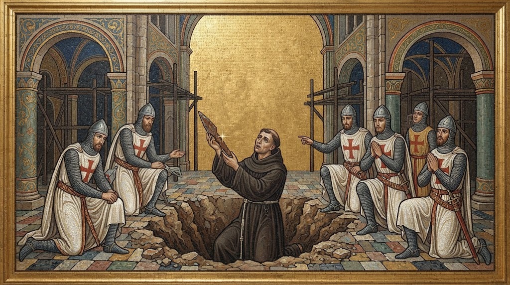 Un monje desentierra la Lanza Sagrada bajo el suelo de una catedral durante el asedio de Antioquía en 1098, ante un grupo de cruzados asombrados, en estilo de pintura barroca