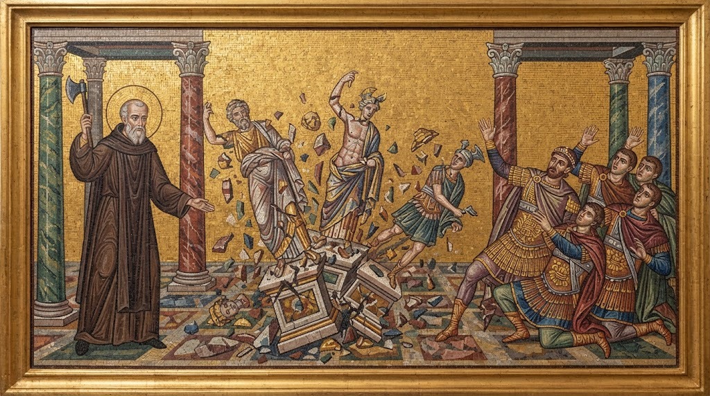 San Longinos, ya anciano y con hábito monástico, destroza con un hacha los ídolos paganos de un templo ante un gobernador romano aterrado, en estilo de mosaico bizantino