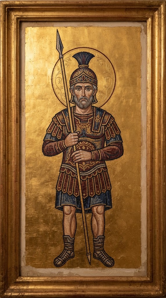 San Longinos, soldado romano convertido, con armadura y una lanza, en estilo de pintura barroca