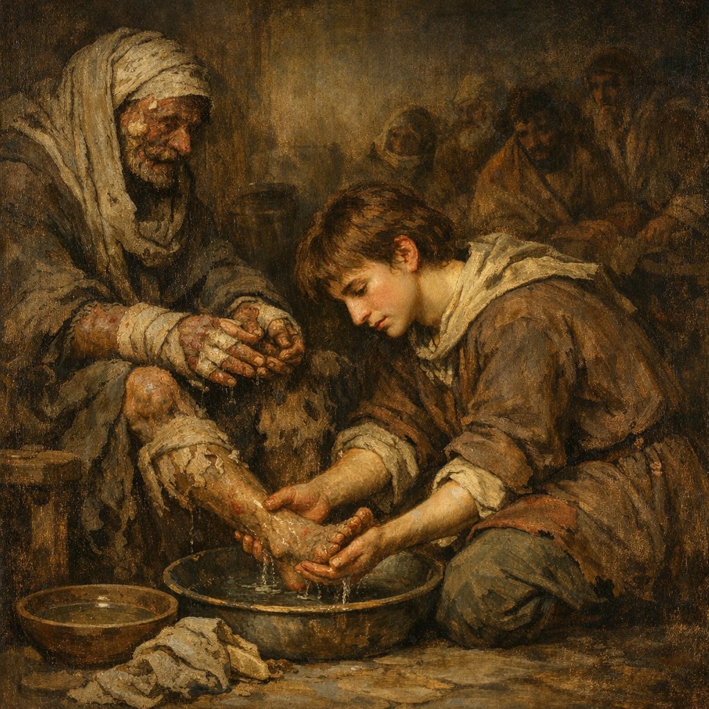 El joven Luis de Anjou, arrodillado, lava los pies y las manos de un hombre leproso en un hospital medieval humilde, con otros enfermos esperando al fondo
