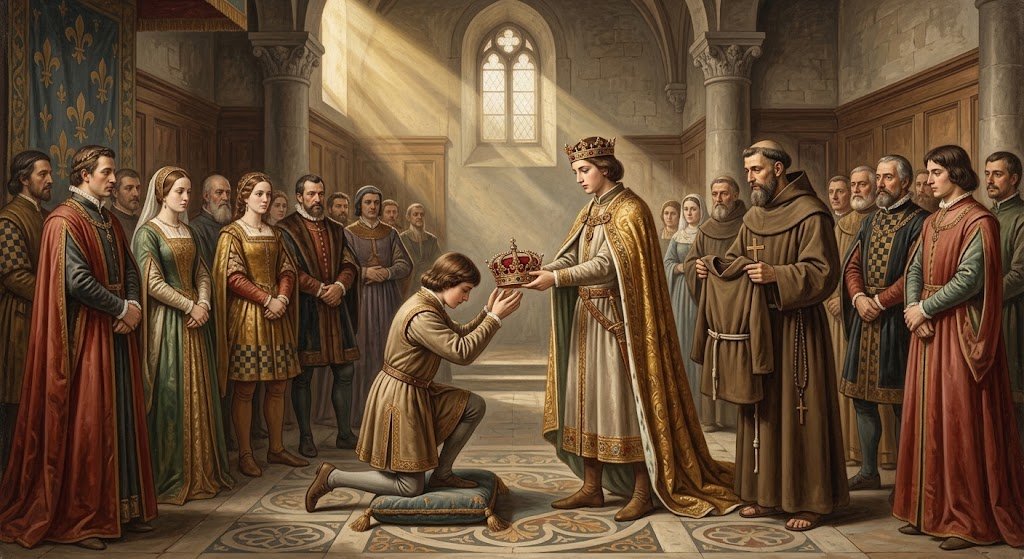 El joven Luis de Anjou entrega la corona real a su hermano Roberto arrodillado ante él, en una sala de palacio medieval, mientras un fraile franciscano espera cerca con un hábito pardo