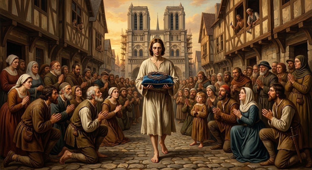 El rey San Luis IX, descalzo y vestido de penitente, cargando la Corona de Espinas sobre un cojín por una calle medieval de París, entre una multitud arrodillada, con Notre-Dame en construcción al fondo