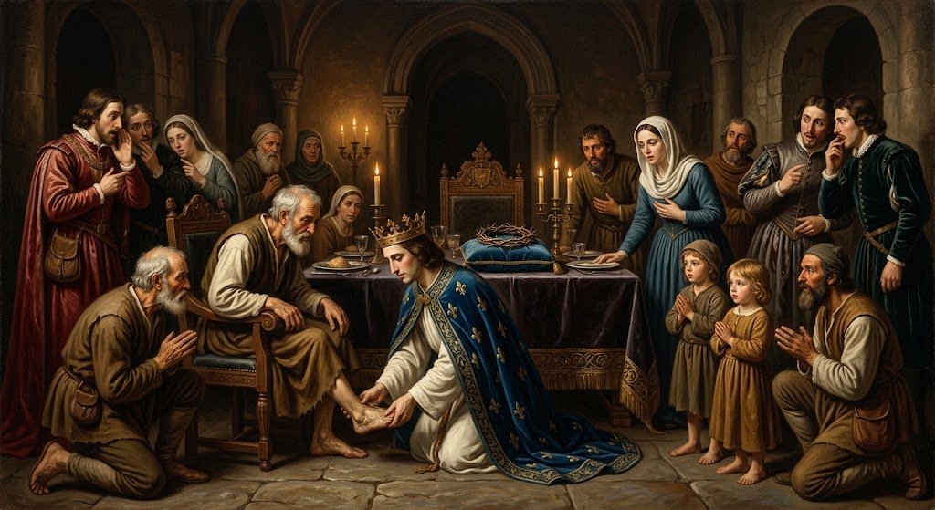 El rey San Luis IX, arrodillado con sus ropajes reales, lavando los pies a un anciano pobre sentado a su propia mesa, mientras otros pobres esperan su turno y los cortesanos observan sorprendidos