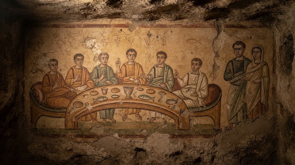 Un grupo de comensales compartiendo una comida en una casa romana, con figuras observando desde un lado, pintura de catacumba