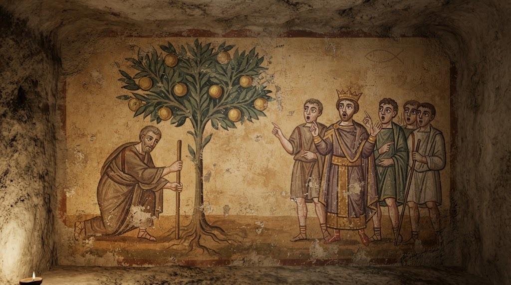 Un hombre plantando un bastón que se transforma en un árbol frondoso, con una familia real observando asombrada, pintura de catacumba