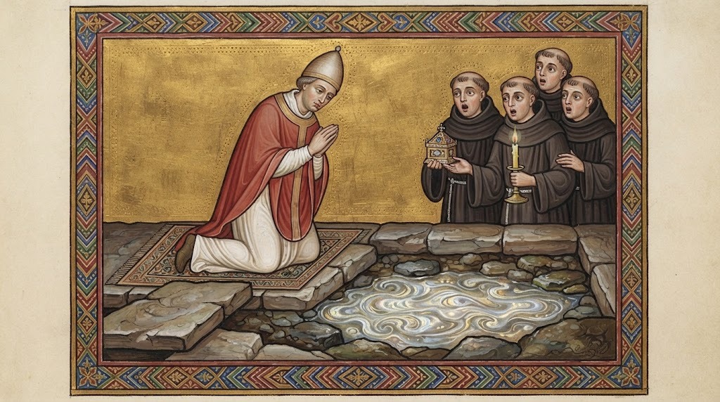 Un papa medieval arrodillado en oración ante una cripta excavada, con monjes sosteniendo un relicario y una vela, miniatura iluminada
