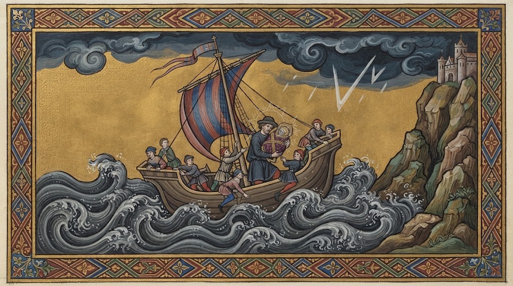 Un barco medieval zarandeado por una tormenta cerca de una costa rocosa, con marineros sujetando un bulto envuelto, miniatura iluminada