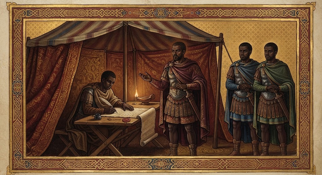 Mauricio dictando una carta a un escriba en una tienda militar romana, miniatura iluminada