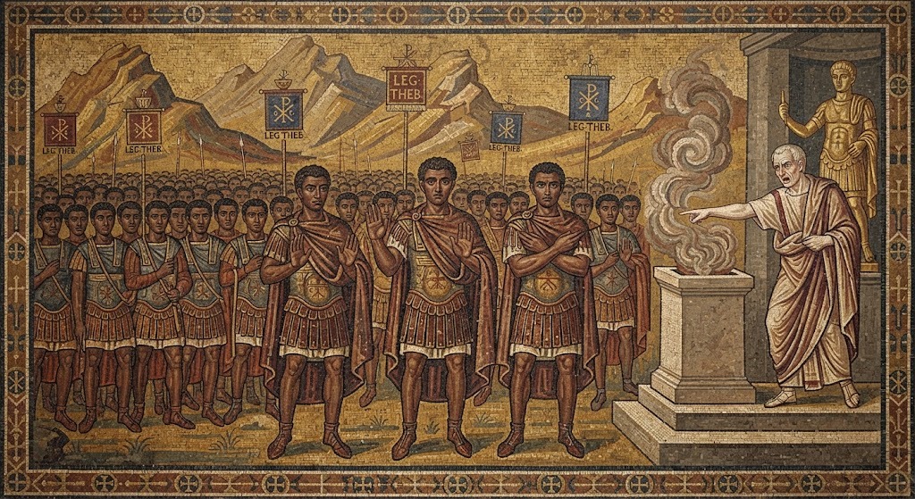 Soldados romanos de origen tebano negándose ante un altar pagano humeante, mosaico paleocristiano