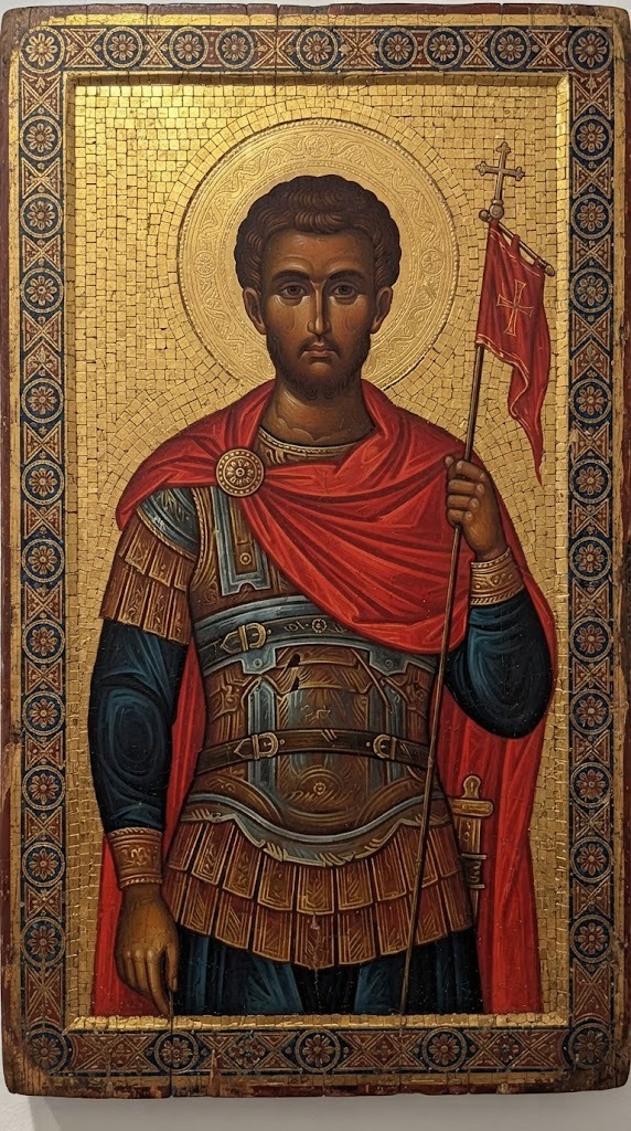 San Mauricio, soldado romano de origen tebano, con halo y estandarte