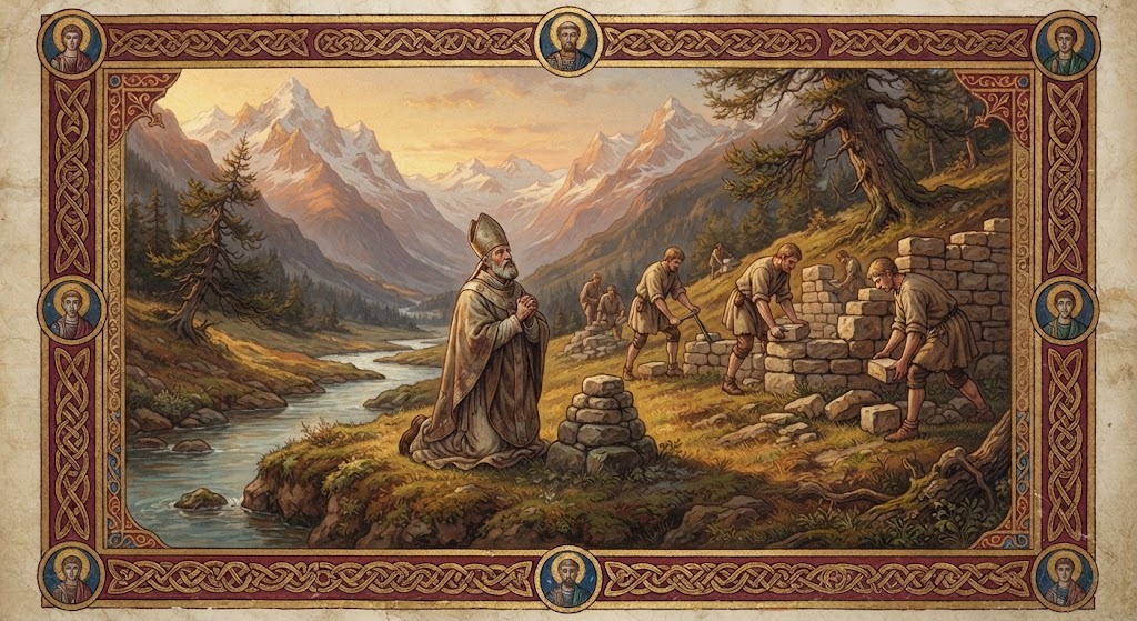 El obispo Teodoro arrodillado en oración junto a un túmulo de piedra, con canteros levantando los primeros muros del santuario, miniatura iluminada