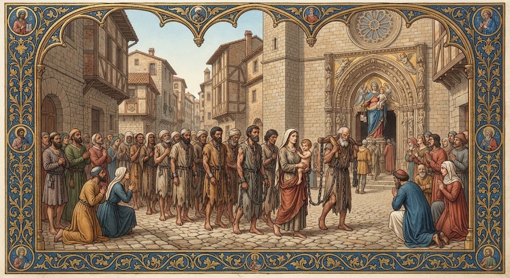 Procesión medieval de antiguos cautivos liberados cargando sus cadenas hacia la iglesia de la Virgen de la Merced