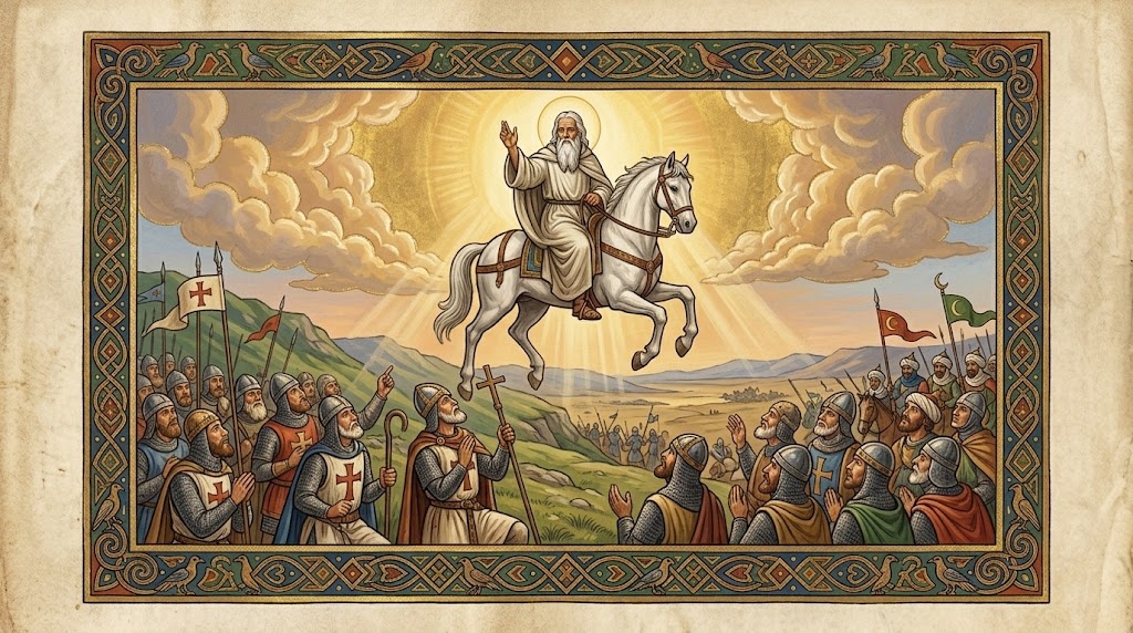 Un anciano santo con túnica blanca aparece montado a caballo blanco sobre un campo de batalla, con una mano alzada en gesto de bendición, mientras soldados cristianos medievales le observan con asombro y las tropas enemigas se retiran a lo lejos, representado al estilo de una miniatura de manuscrito iluminado medieval