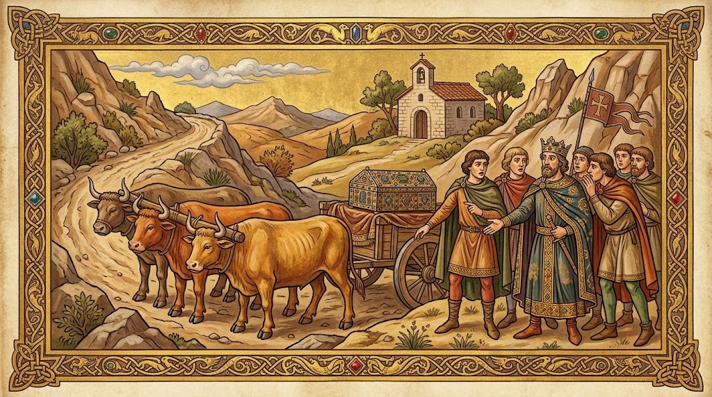 Un rey medieval con corona y su séquito observan con asombro a un tiro de bueyes que se ha detenido en seco y se niega a avanzar, tirando de un carro que porta un cofre relicario decorado, en un camino de montaña junto a una pequeña ermita, representado al estilo de una miniatura de manuscrito iluminado medieval