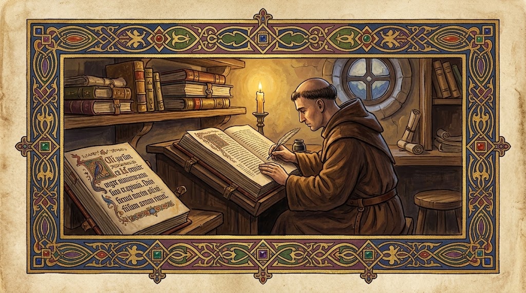 Un monje sentado en un scriptorium medieval escribe con cuidado pequeñas anotaciones en el margen de un gran códice en latín a la luz de una vela, con estanterías de manuscritos al fondo, representado al estilo de una miniatura de manuscrito iluminado medieval