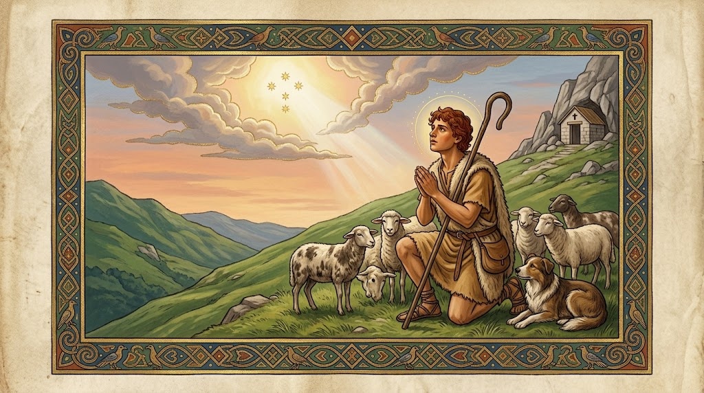 Un joven pastor arrodillado entre sus ovejas en una ladera verde, mirando hacia una luz radiante que rompe entre las nubes, con una ermita visible en un risco al fondo, representado al estilo de una miniatura de manuscrito iluminado medieval