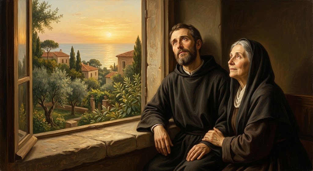 Santa Mónica y su hijo Agustín apoyados juntos en el alféizar de una ventana con vistas al mar al atardecer, con las miradas elevadas al cielo en actitud de conversación mística