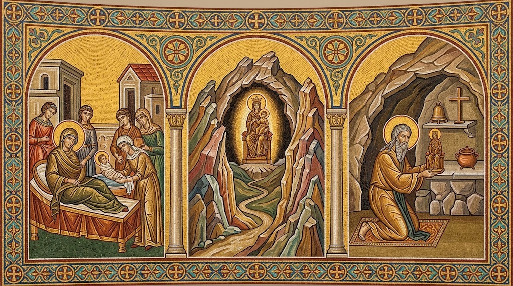 Tríptico al estilo de mosaico bizantino con tres arcos: la Natividad de María en Jerusalén, la Virgen de Covadonga en su cueva de montaña, y San Gil ofreciendo la Virgen de Nuria junto a una campana y una cruz, unidos por un mismo fondo dorado y una orla ornamental compartida